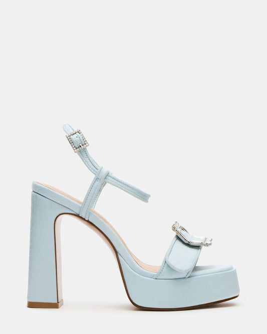 LIANDRA Buckle Blue Satin Women's Platform Square-Toe Strappy Heel