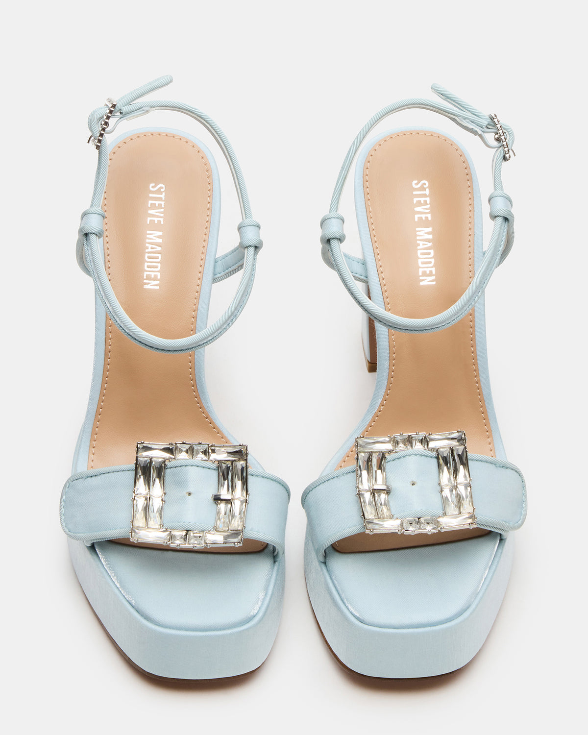 LIANDRA Buckle Blue Satin Women's Platform Square-Toe Strappy Heel