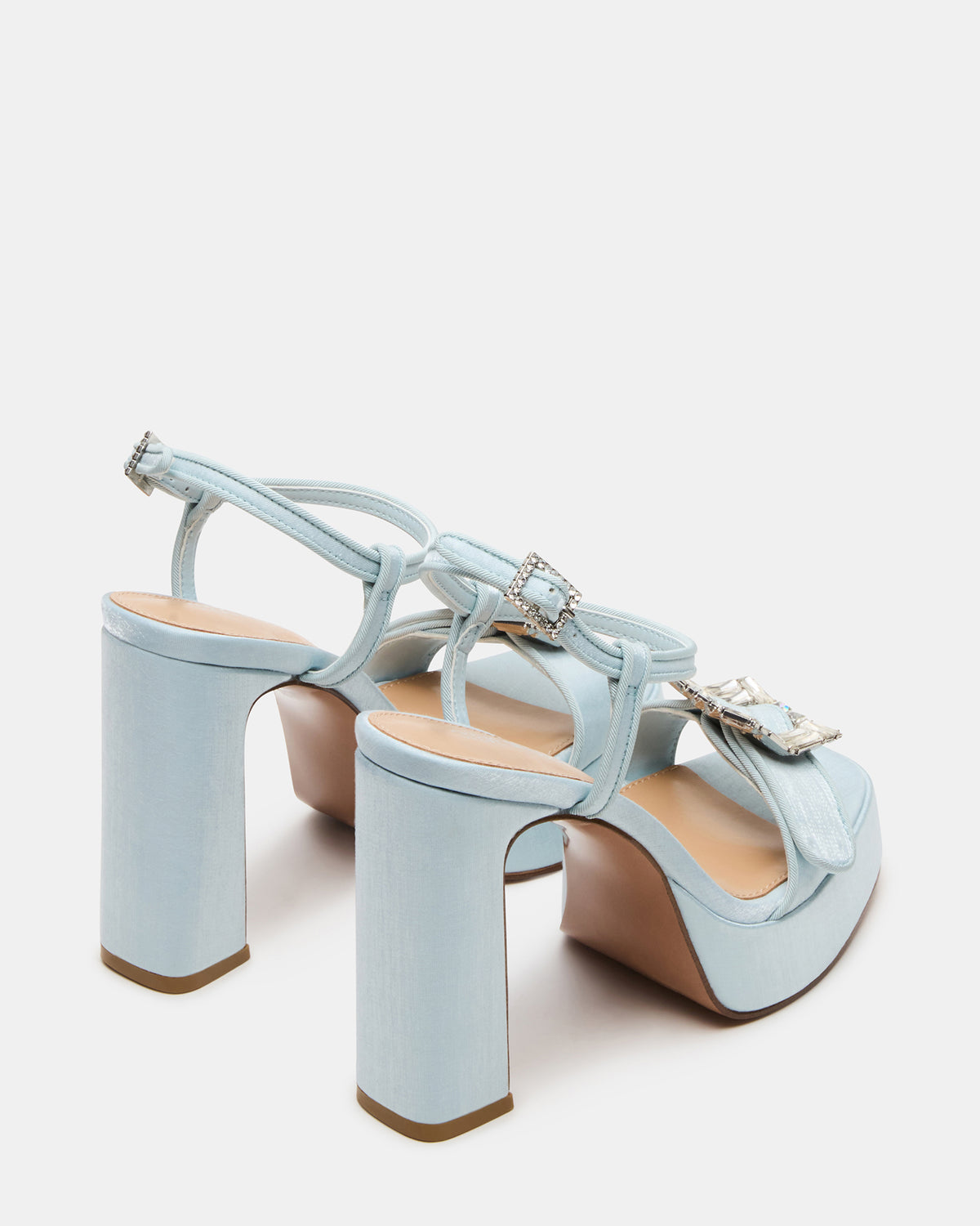 LIANDRA Buckle Blue Satin Women's Platform Square-Toe Strappy Heel