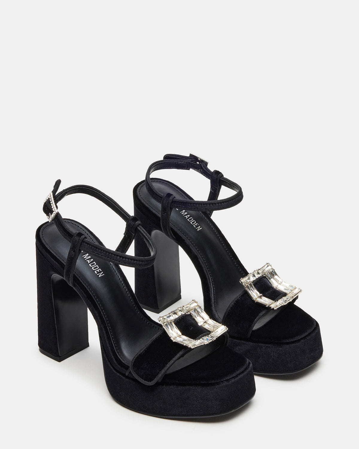 LIANDRA Buckle Black Velvet Women's Platform Square-Toe Strappy Heel