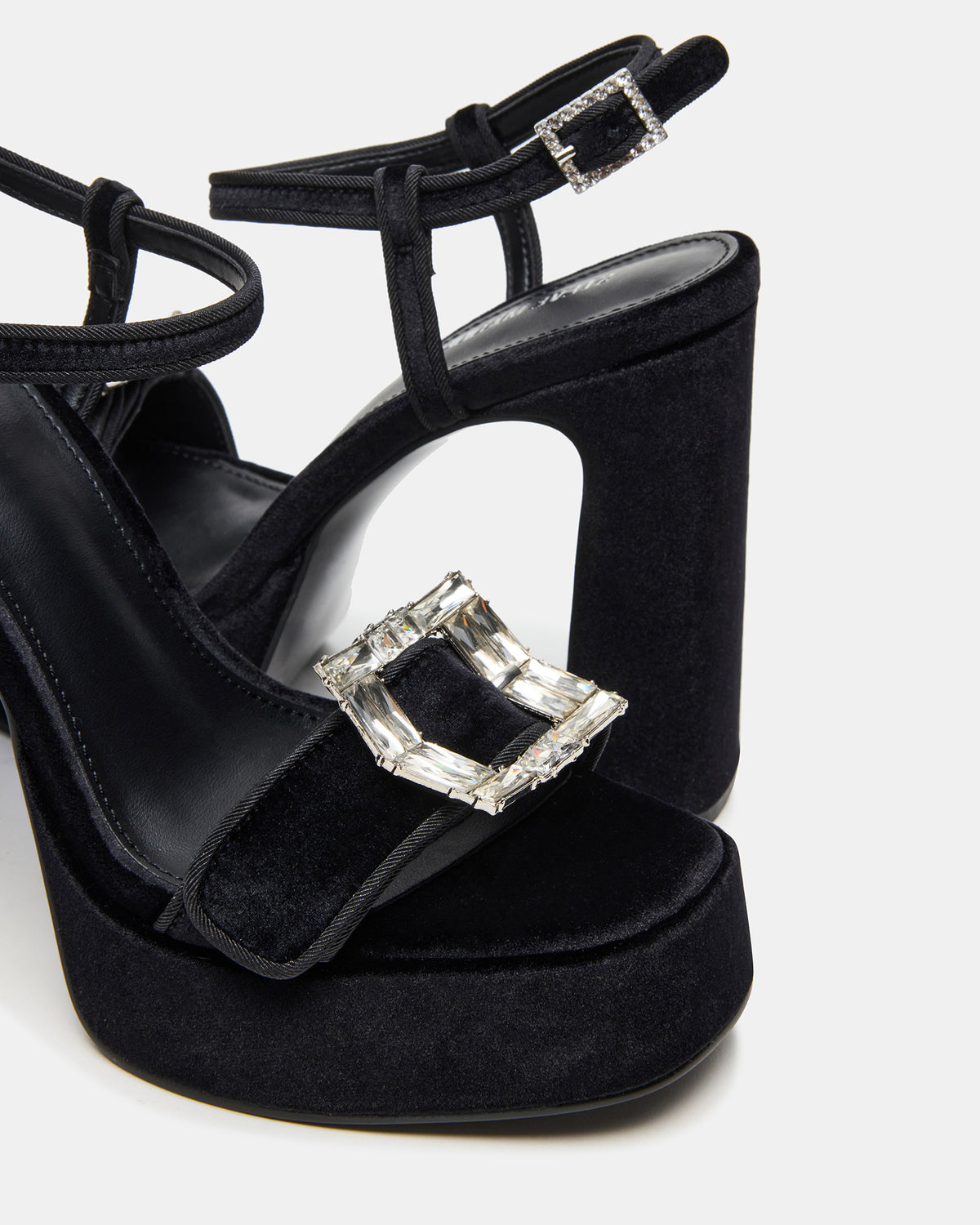 LIANDRA Buckle Black Velvet Women's Platform Square-Toe Strappy Heel