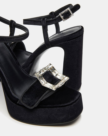 LIANDRA Buckle Black Velvet Women's Platform Square-Toe Strappy Heel