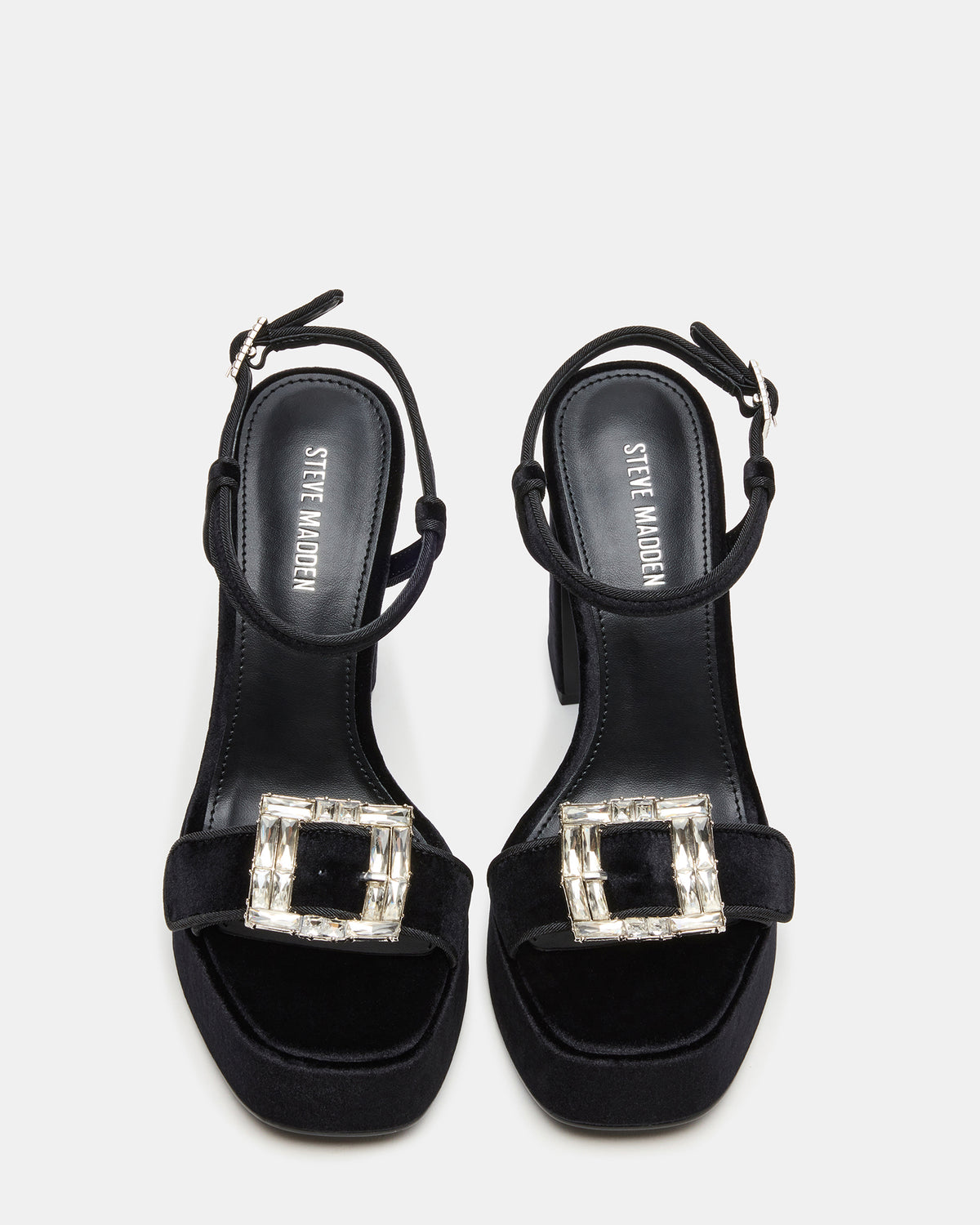 LIANDRA Buckle Black Velvet Women's Platform Square-Toe Strappy Heel