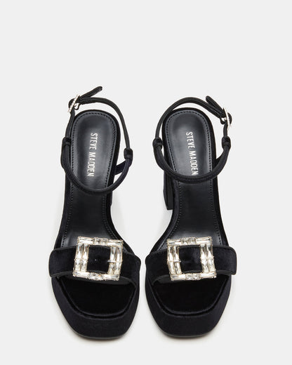 LIANDRA Buckle Black Velvet Women's Platform Square-Toe Strappy Heel