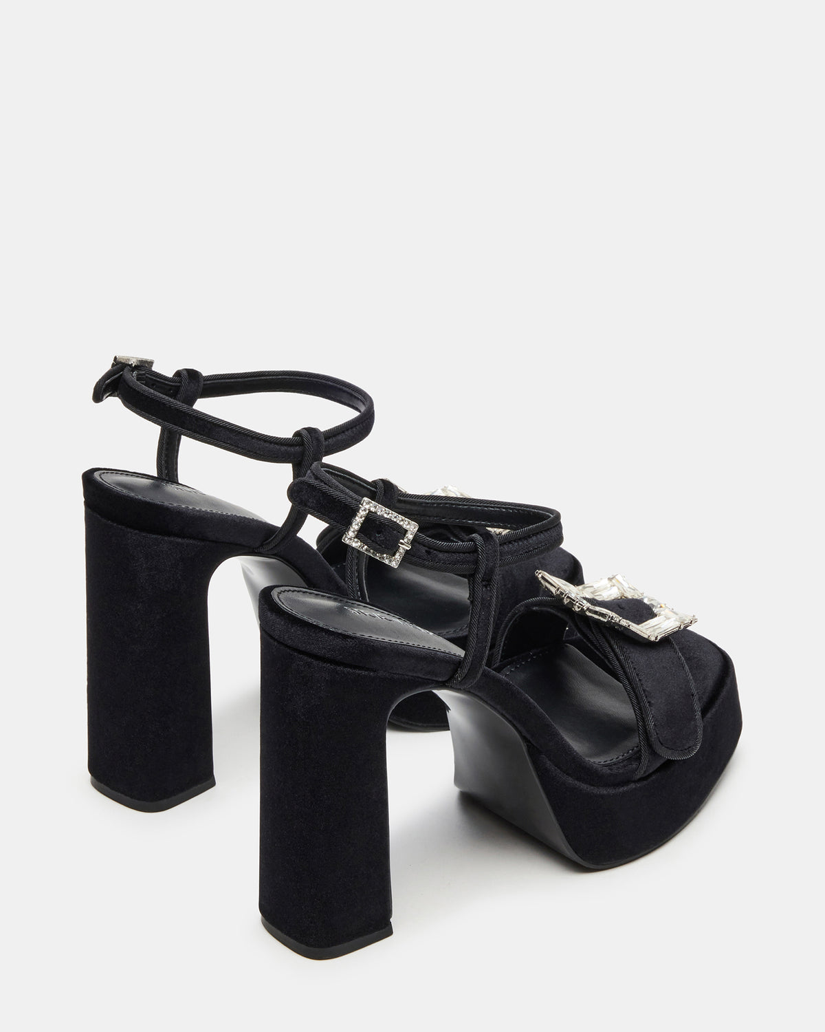 LIANDRA Buckle Black Velvet Women's Platform Square-Toe Strappy Heel