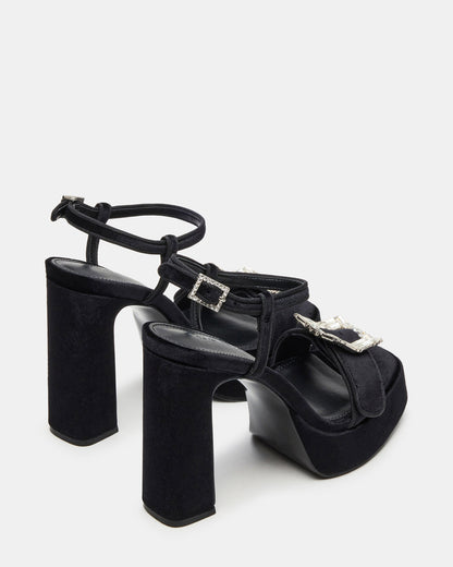 LIANDRA Buckle Black Velvet Women's Platform Square-Toe Strappy Heel