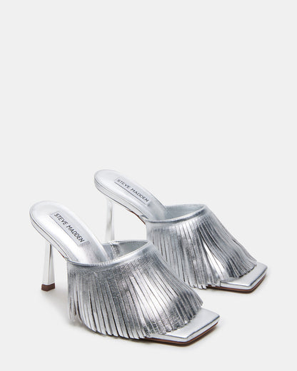 MORINA Silver Leather Square-Toe Stiletto Mule Fringe Heel | Women's Heels