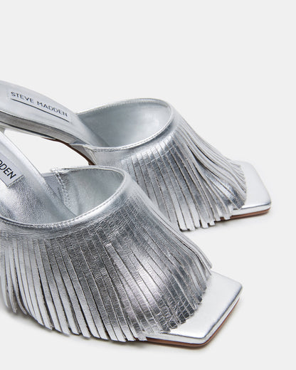 MORINA Silver Leather Square-Toe Stiletto Mule Fringe Heel | Women's Heels