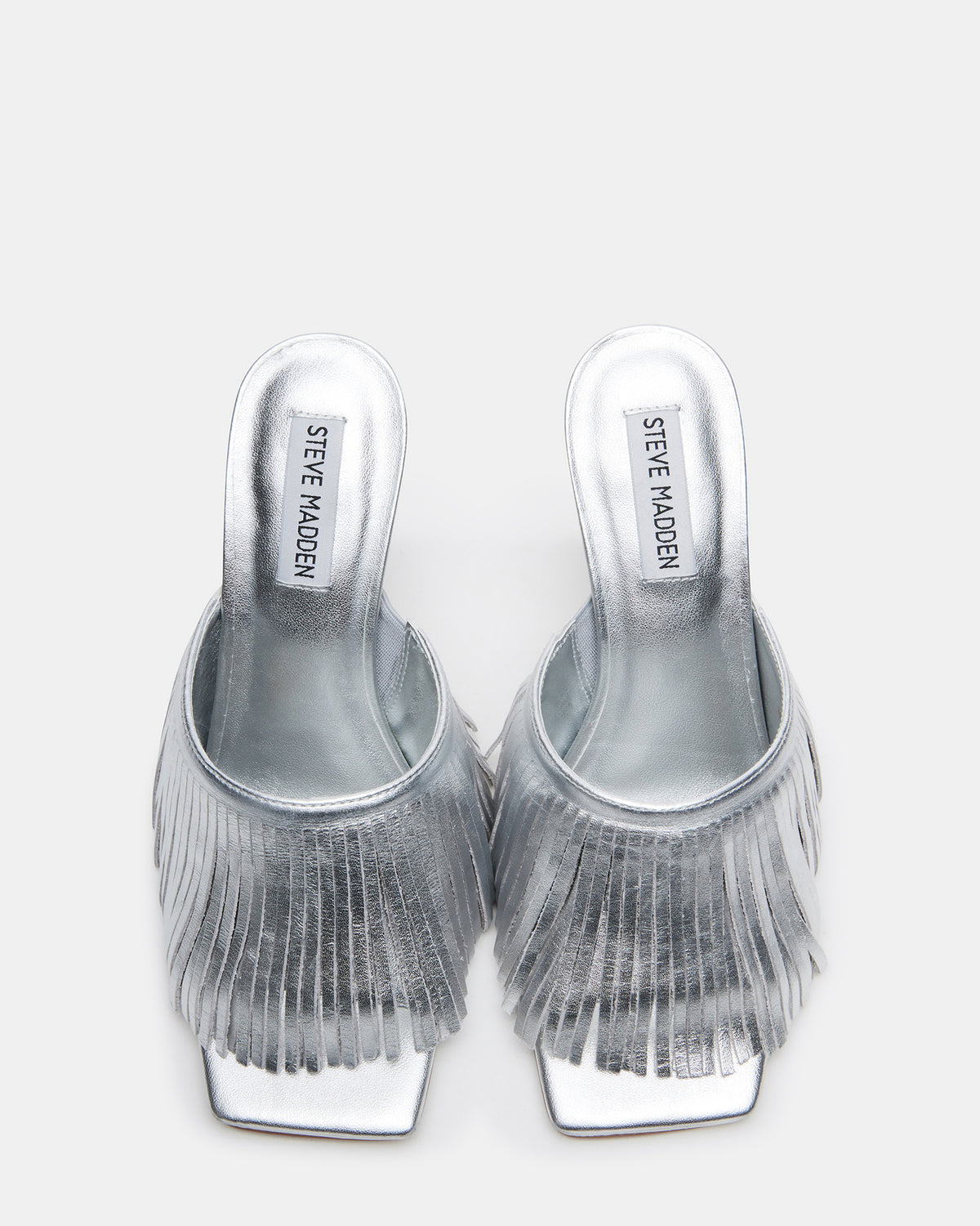 MORINA Silver Leather Square-Toe Stiletto Mule Fringe Heel | Women's Heels