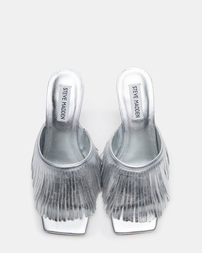 MORINA Silver Leather Square-Toe Stiletto Mule Fringe Heel | Women's Heels