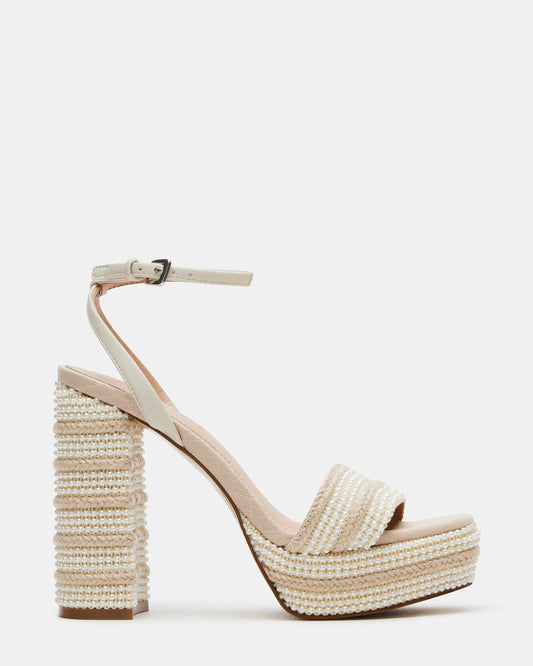 LUMARA Natural Raffia Pearl Platform Block Heel | Women's Heels