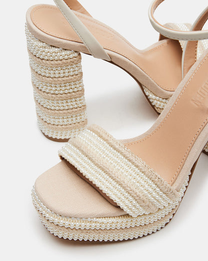 LUMARA Natural Raffia Pearl Platform Block Heel | Women's Heels