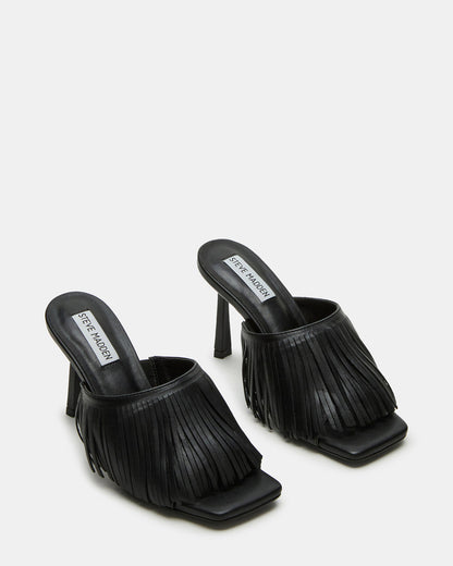 MORINA Black Leather Square-Toe Stiletto Mule Fringe Heel | Women's Heels