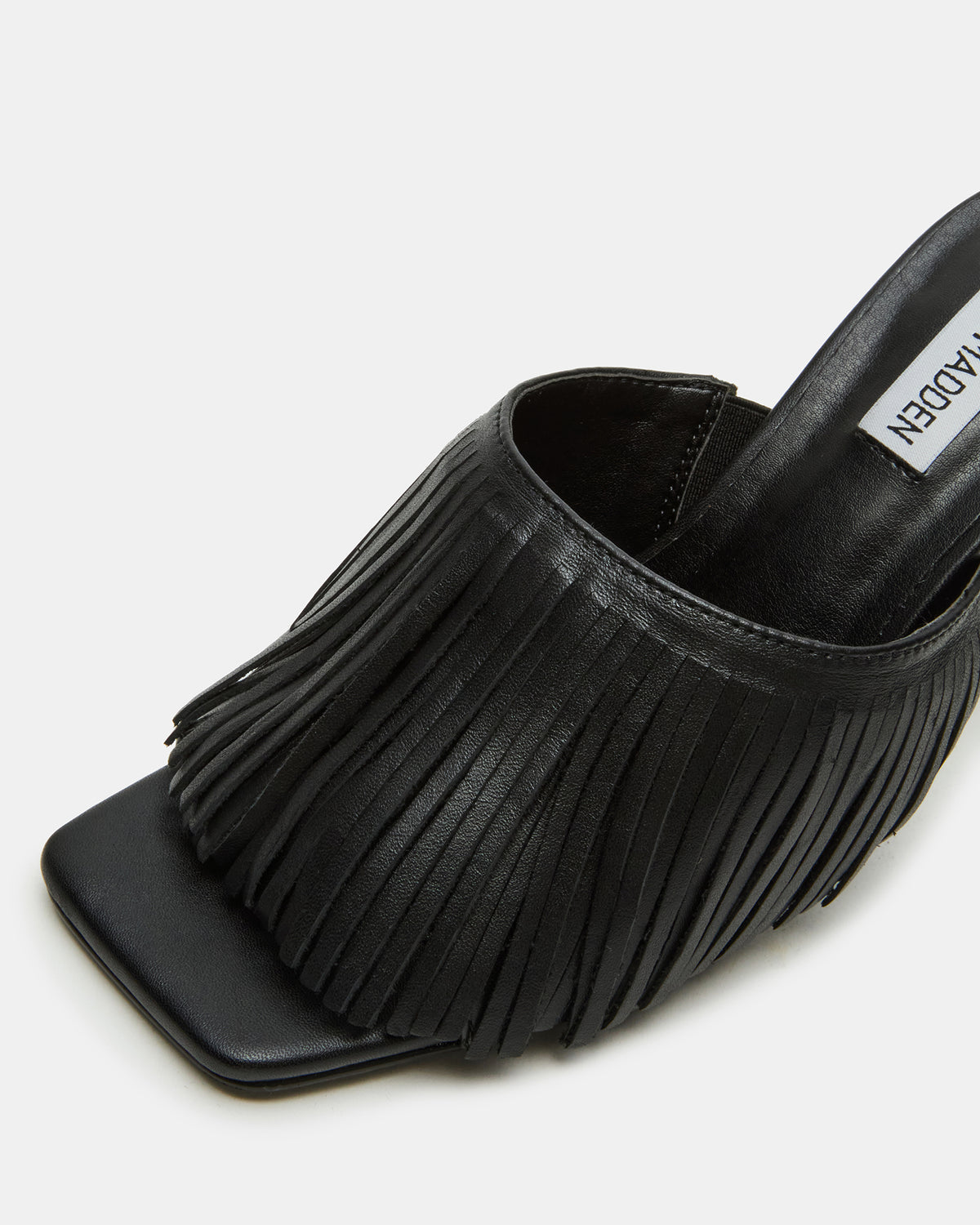 MORINA Black Leather Square-Toe Stiletto Mule Fringe Heel | Women's Heels
