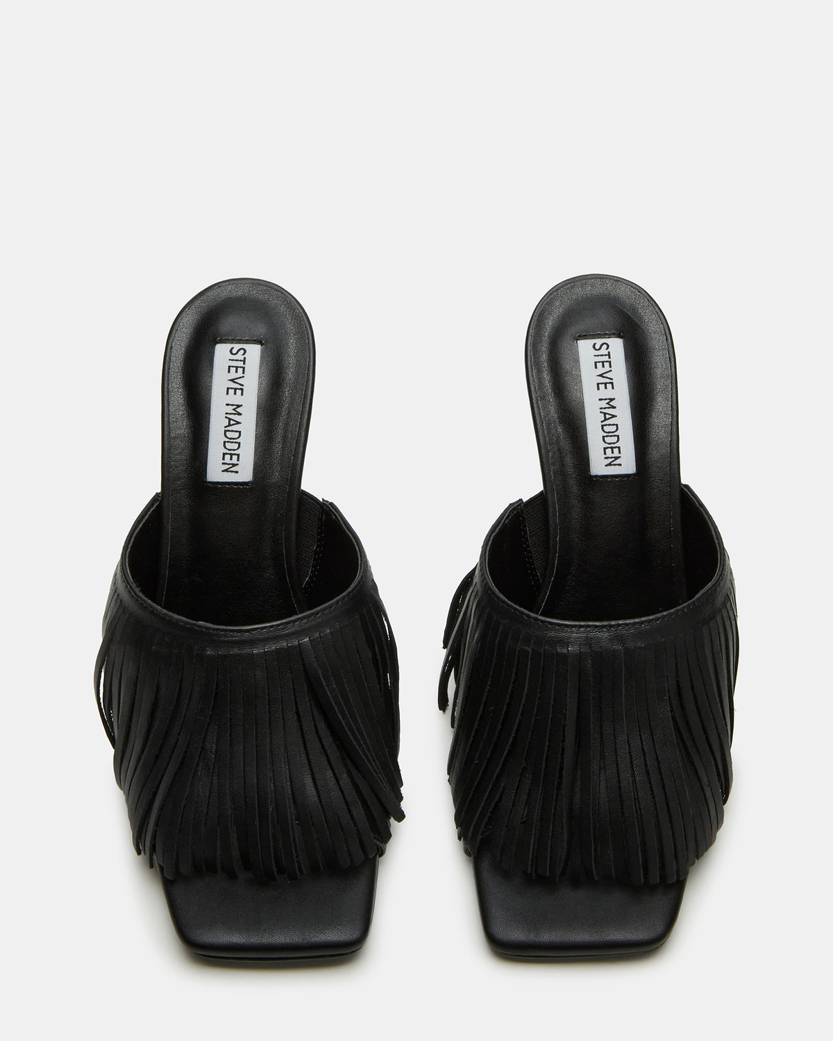 MORINA Black Leather Square-Toe Stiletto Mule Fringe Heel | Women's Heels