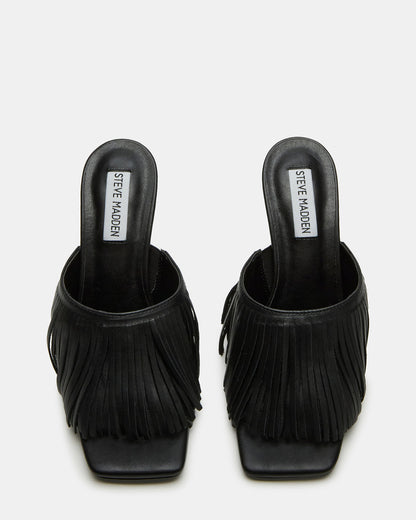 MORINA Black Leather Square-Toe Stiletto Mule Fringe Heel | Women's Heels