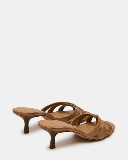 CARY Camel Leather Square-Toe Strappy Mule Women's Heel