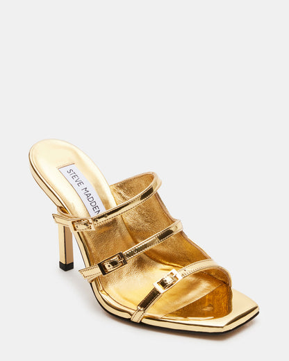 OPULENT Gold Leather Square Toe Mule Heel | Women's Heels