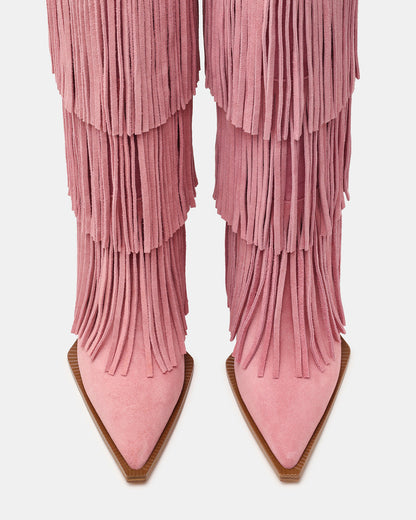 KINZEE Fringe Pink Suede Pointed-Toe Knee-High Western Stiletto Women's Boot