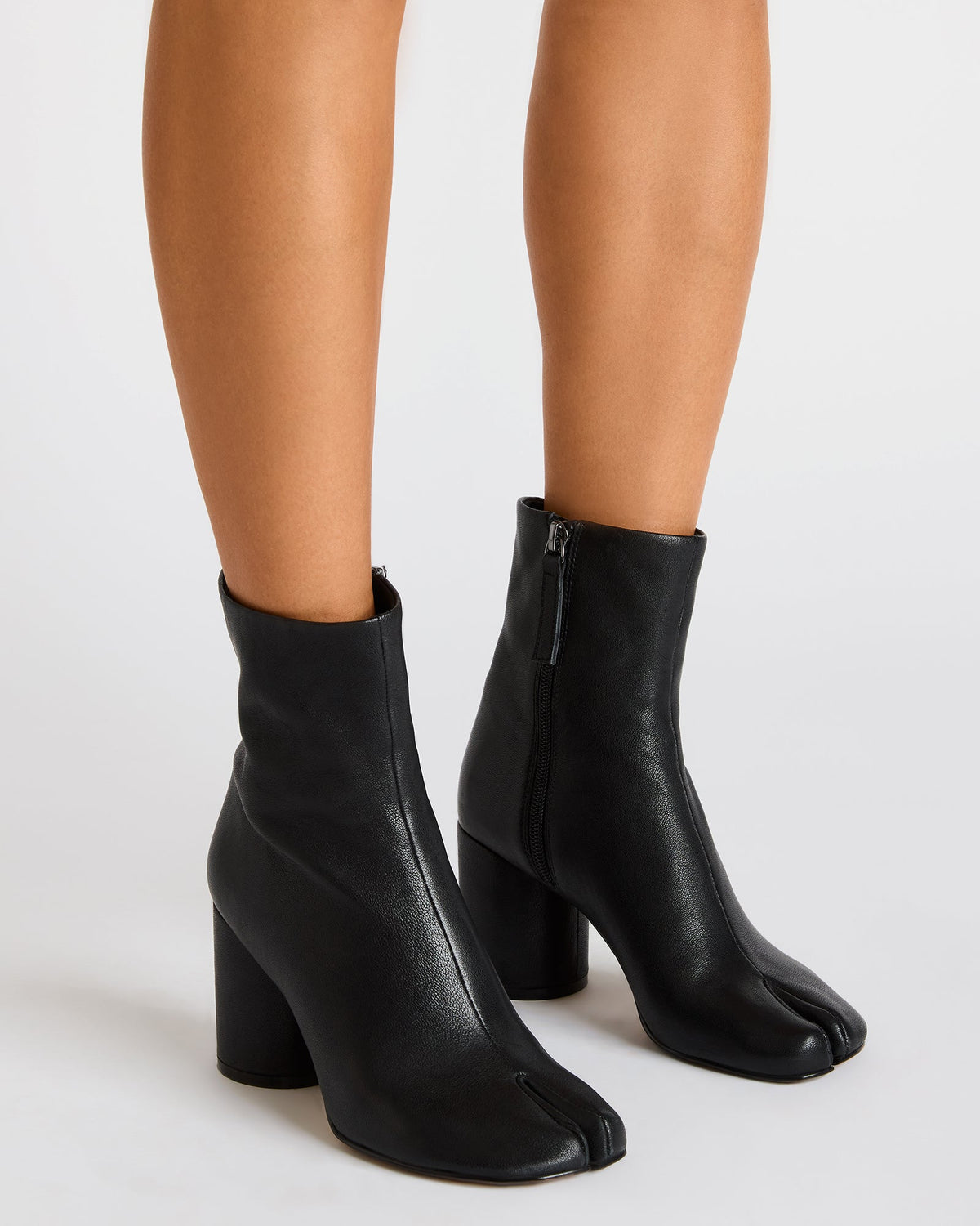 CARO Black Leather Tabi Split-Toe Block Heel Women's Ankle Boot