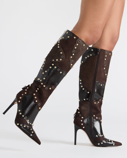 REVIVE Brown Multi Pointed-Toe Knee-High Stiletto Women's Boot