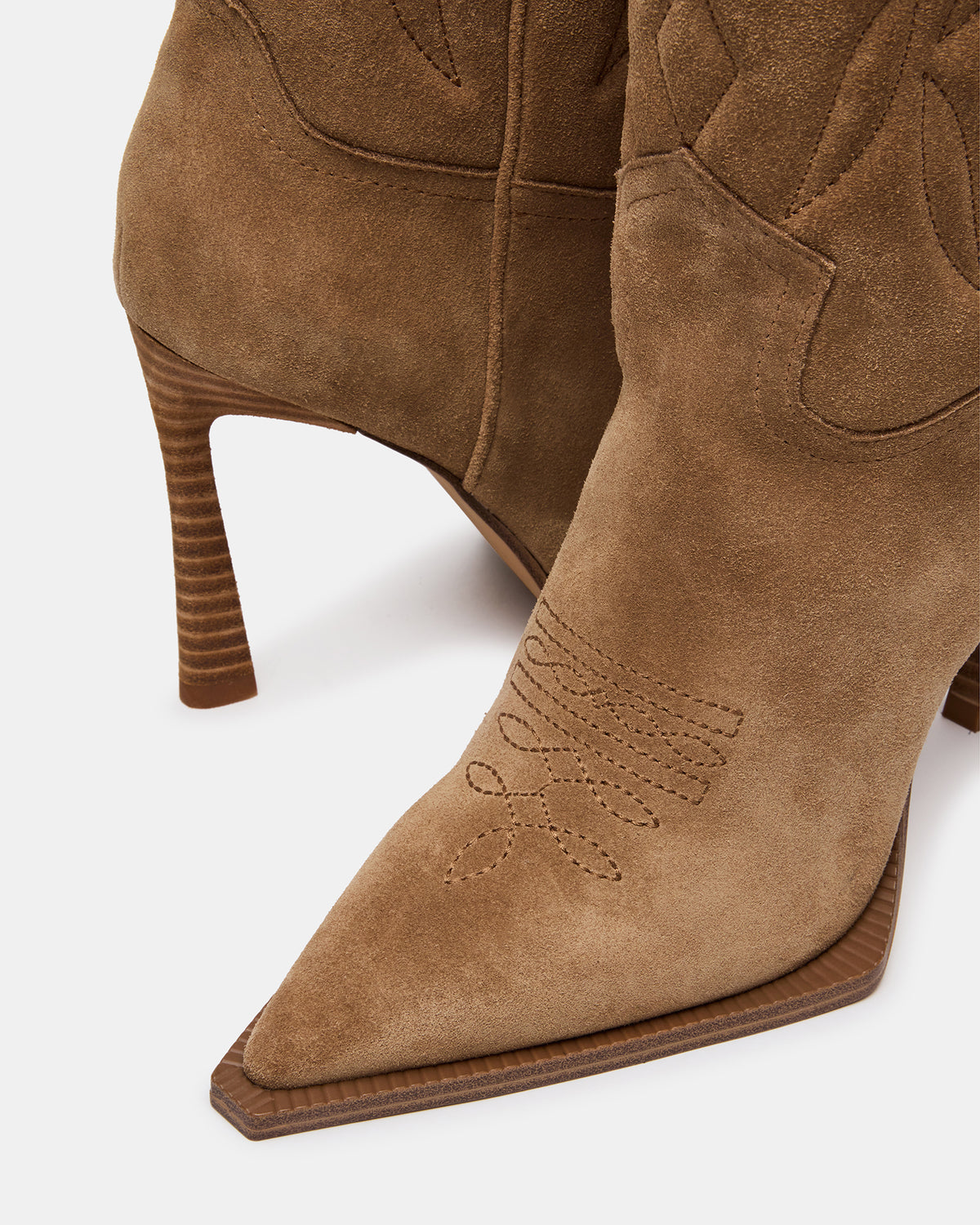 KINZEE Taupe Suede Pointed-Toe Knee-High Western Stiletto Women's Boot