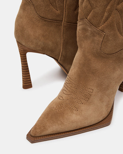 KINZEE Taupe Suede Pointed-Toe Knee-High Western Stiletto Women's Boot