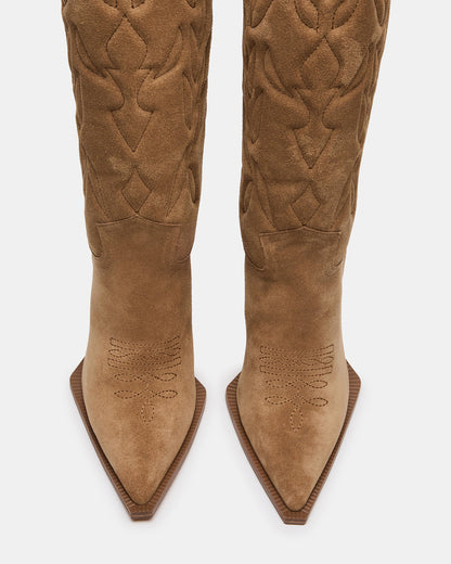 KINZEE Taupe Suede Pointed-Toe Knee-High Western Stiletto Women's Boot