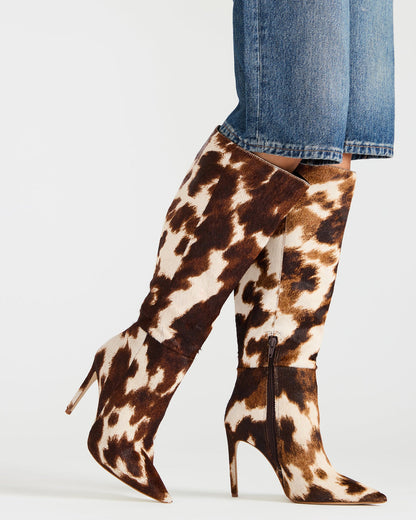 NITRO Brown Cow Print Pointed-Toe Stiletto Heel Knee-High Women's Boots