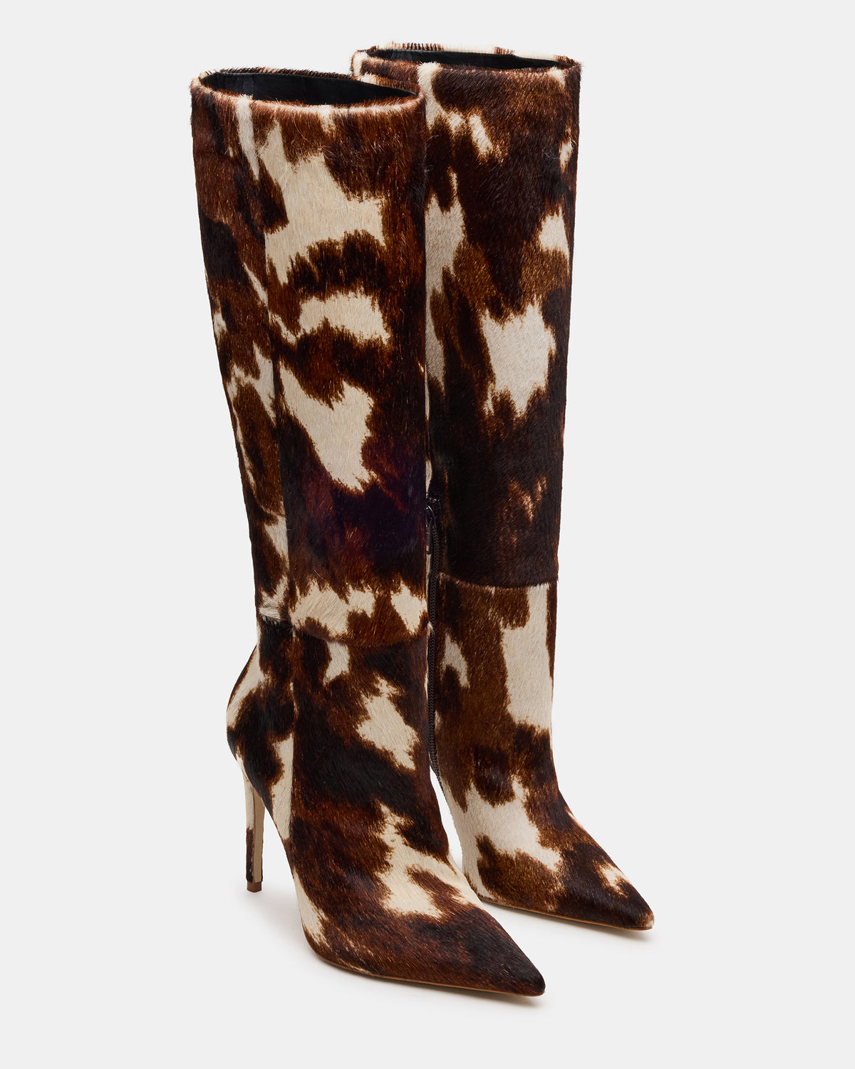 NITRO Brown Cow Print Pointed-Toe Stiletto Heel Knee-High Women's Boots