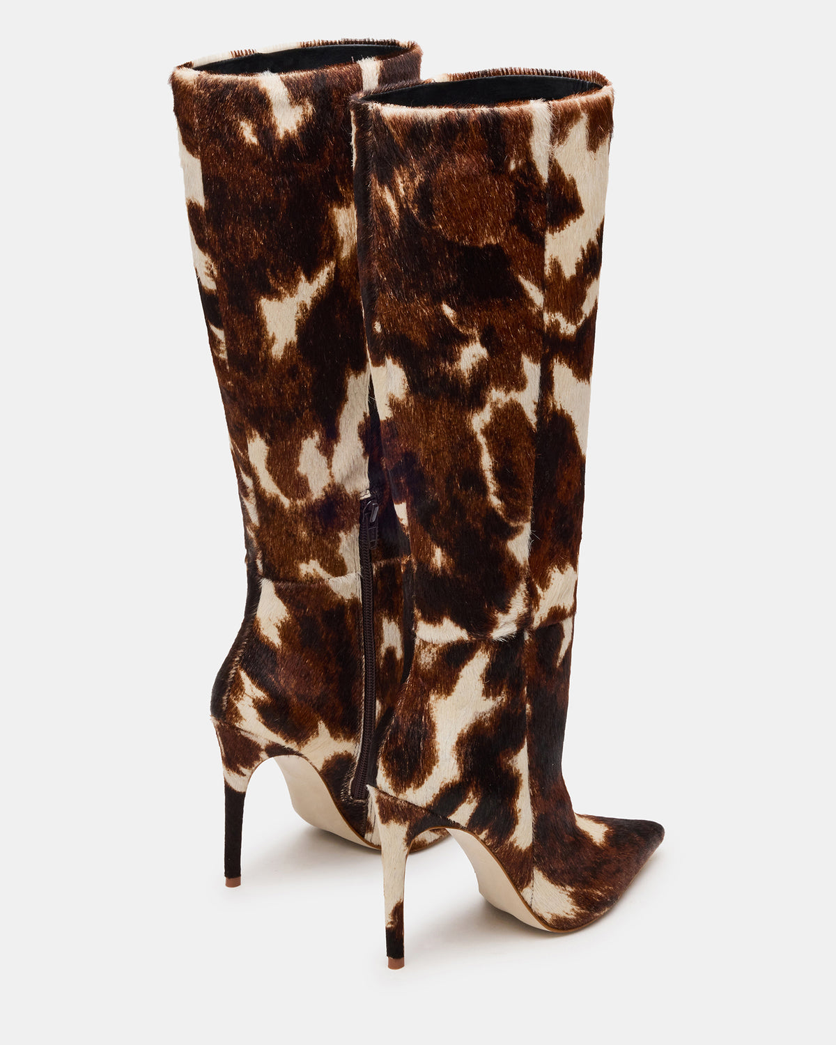NITRO Brown Cow Print Pointed-Toe Stiletto Heel Knee-High Women's Boots