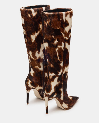 NITRO Brown Cow Print Pointed-Toe Stiletto Heel Knee-High Women's Boots