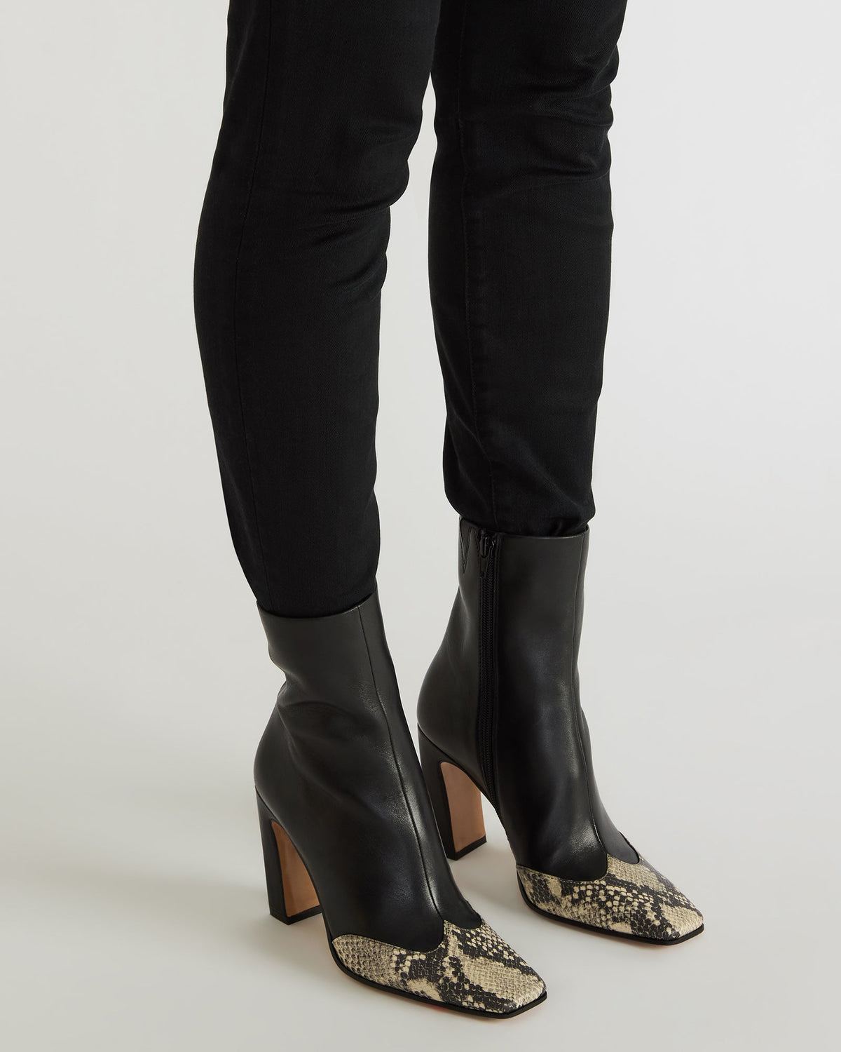 LYLE Black Leather with Snake Square-Toe Heeled Women's Ankle Boot