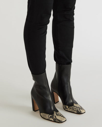 LYLE Black Leather with Snake Square-Toe Heeled Women's Ankle Boot