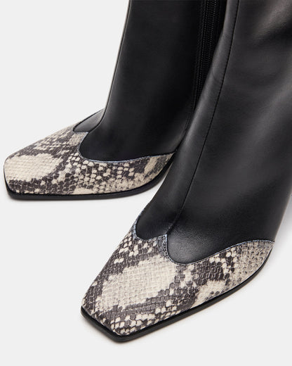 LYLE Black Leather with Snake Square-Toe Heeled Women's Ankle Boot