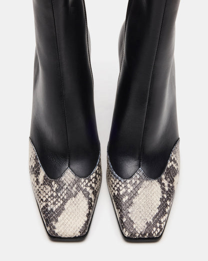 LYLE Black Leather with Snake Square-Toe Heeled Women's Ankle Boot