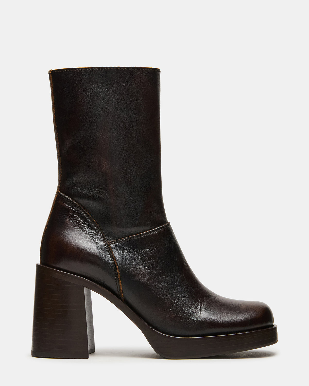 FUSION Brown Distressed Square-Toe Block Heel Women's Ankle Boot
