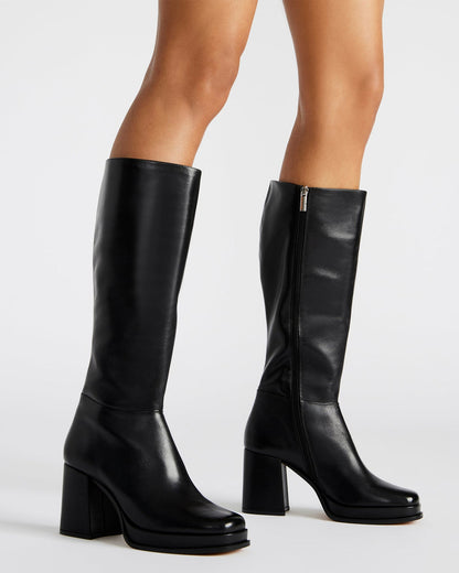 MYSTERY Black Leather Women's Block Heel Platform Boot