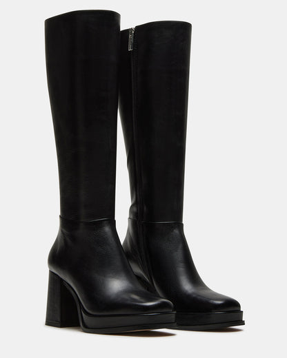 MYSTERY Black Leather Women's Block Heel Platform Boot