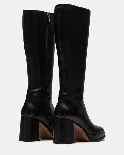 MYSTERY Black Leather Women's Block Heel Platform Boot