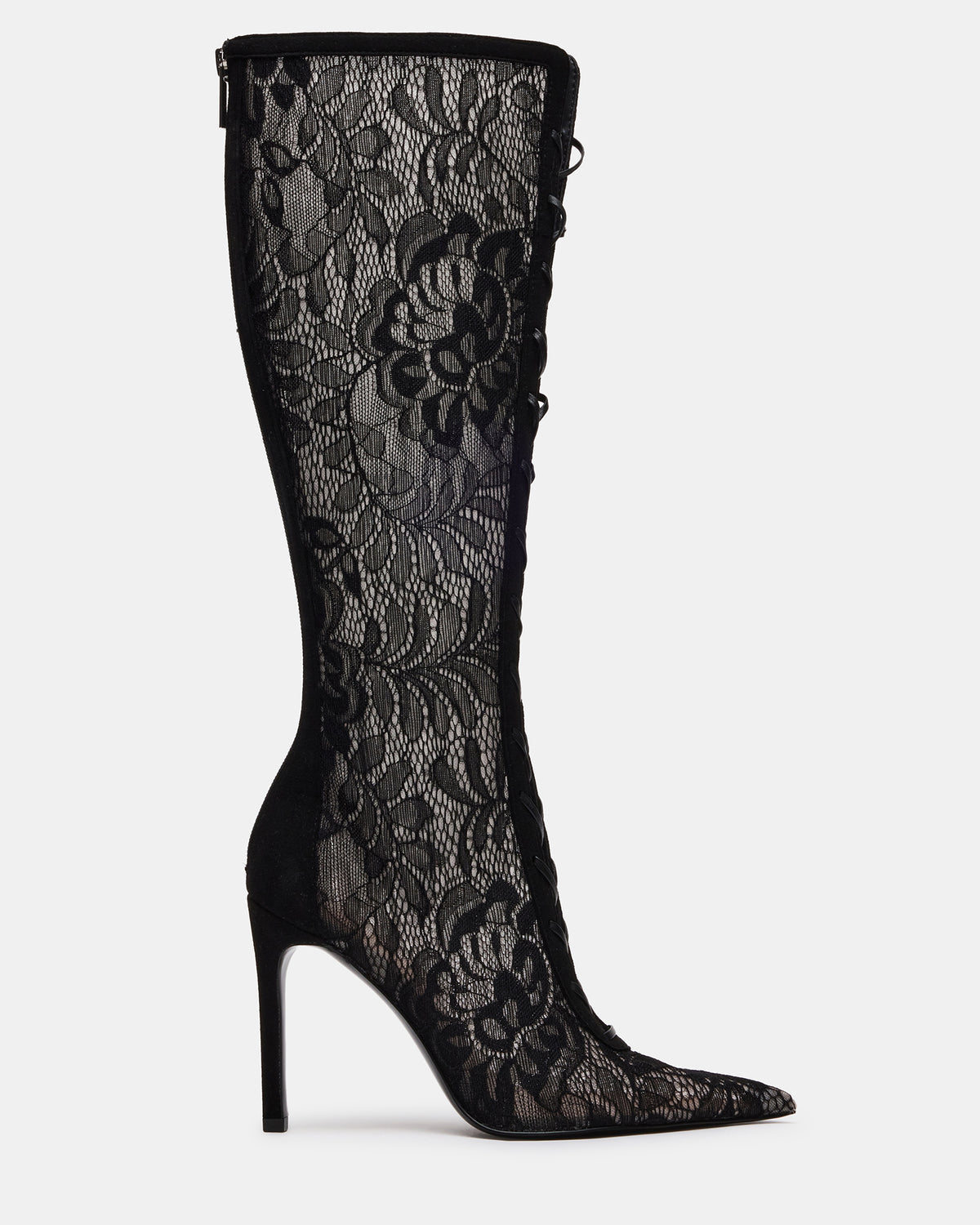 MAXINE Black Lace Pointed-Toe Knee-High Lace-Up Stiletto Women's Boot