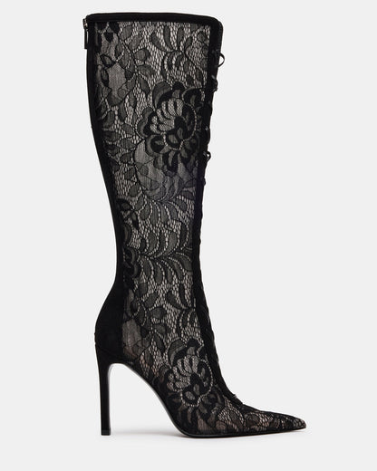 MAXINE Black Lace Pointed-Toe Knee-High Lace-Up Stiletto Women's Boot