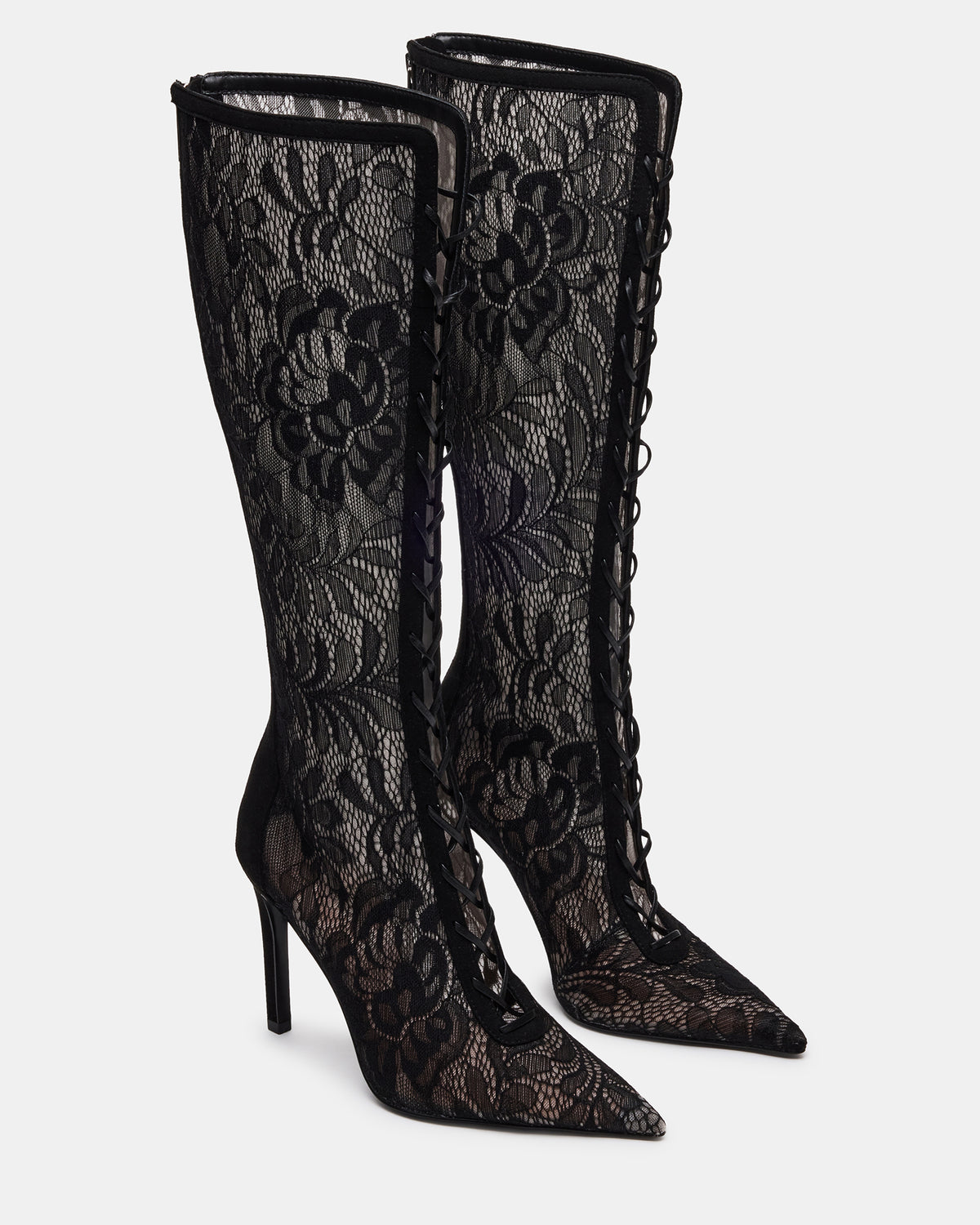 MAXINE Black Lace Pointed-Toe Knee-High Lace-Up Stiletto Women's Boot