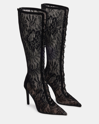 MAXINE Black Lace Pointed-Toe Knee-High Lace-Up Stiletto Women's Boot