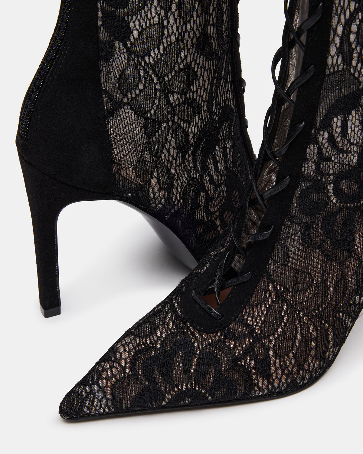 MAXINE Black Lace Pointed-Toe Knee-High Lace-Up Stiletto Women's Boot