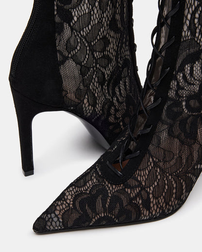 MAXINE Black Lace Pointed-Toe Knee-High Lace-Up Stiletto Women's Boot