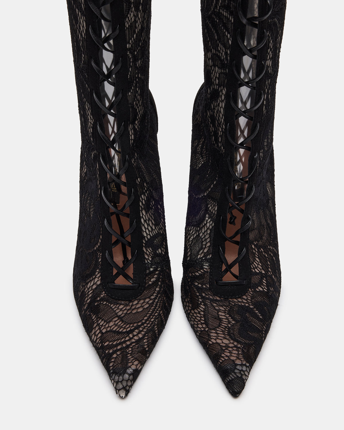 MAXINE Black Lace Pointed-Toe Knee-High Lace-Up Stiletto Women's Boot