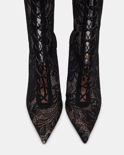 MAXINE Black Lace Pointed-Toe Knee-High Lace-Up Stiletto Women's Boot