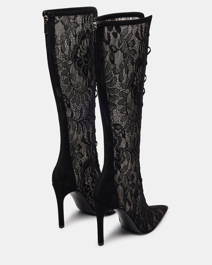 MAXINE Black Lace Pointed-Toe Knee-High Lace-Up Stiletto Women's Boot