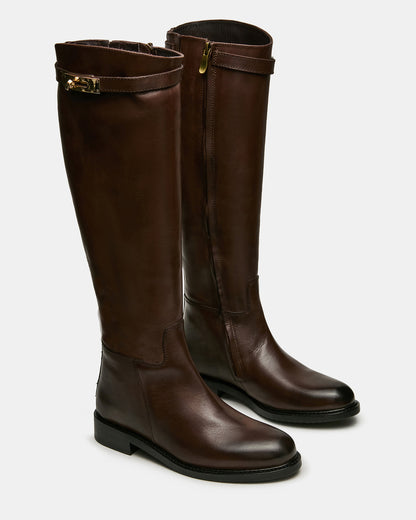 BEXLEY Brown Leather Knee-High Round-Toe Buckle Women's Boot